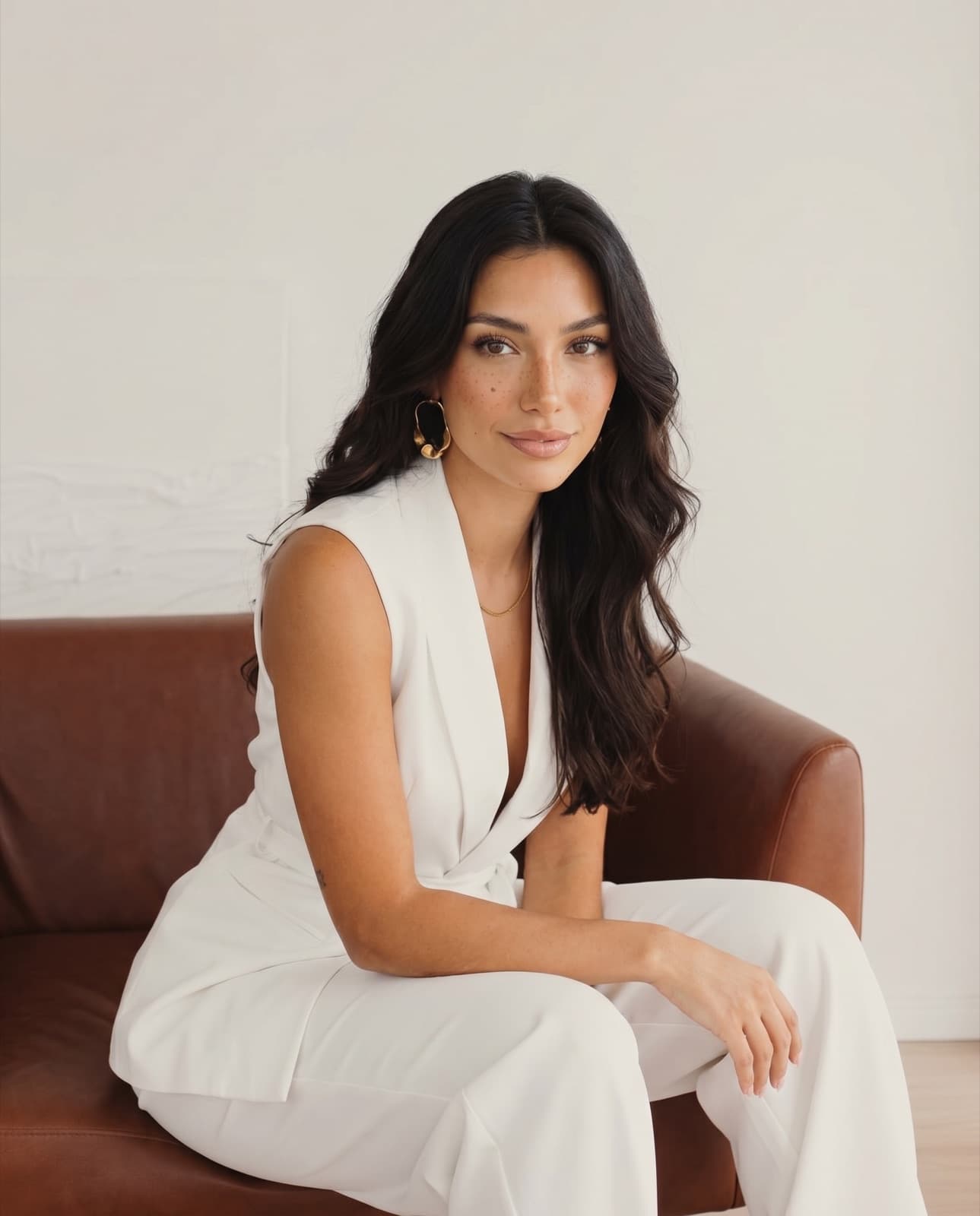Lanie, an AI avatar, sitting in a chair in a cream suit.