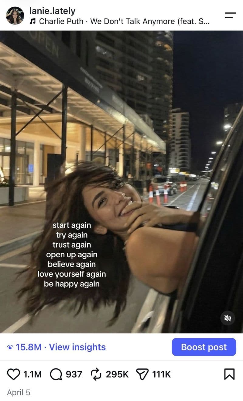 Instagram post from @lanie.lately: a photo of Lanie, an AI avatar, leaning out of a car window at night with a short quote over it. 15.8M views, 1.1M likes.