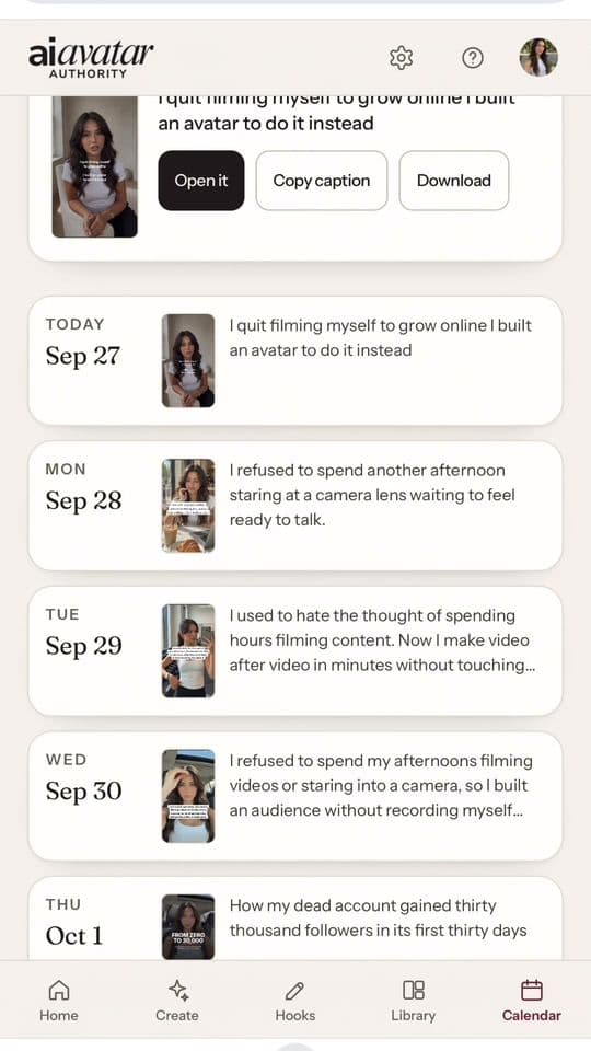 The app’s calendar: a reel to post today, with Open, Copy caption and Download buttons, and a reel planned for each day after.