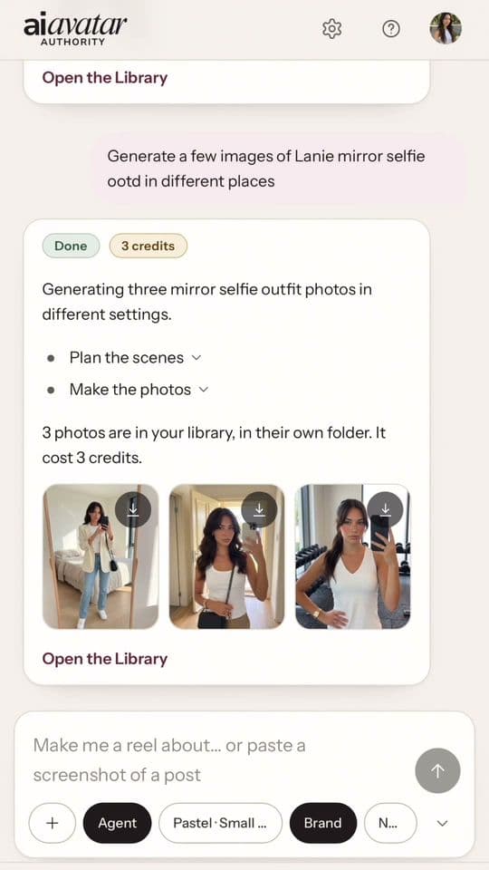 The app’s Create screen: the request “Generate a few images of Lanie mirror selfie ootd in different places” and, below it, three new mirror selfies of Lanie, an AI avatar, with the note that they cost 3 credits.