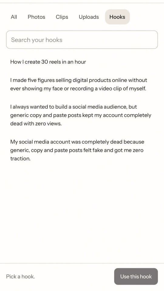 The app’s saved hooks list, with hooks such as “How I create 30 reels in an hour”.