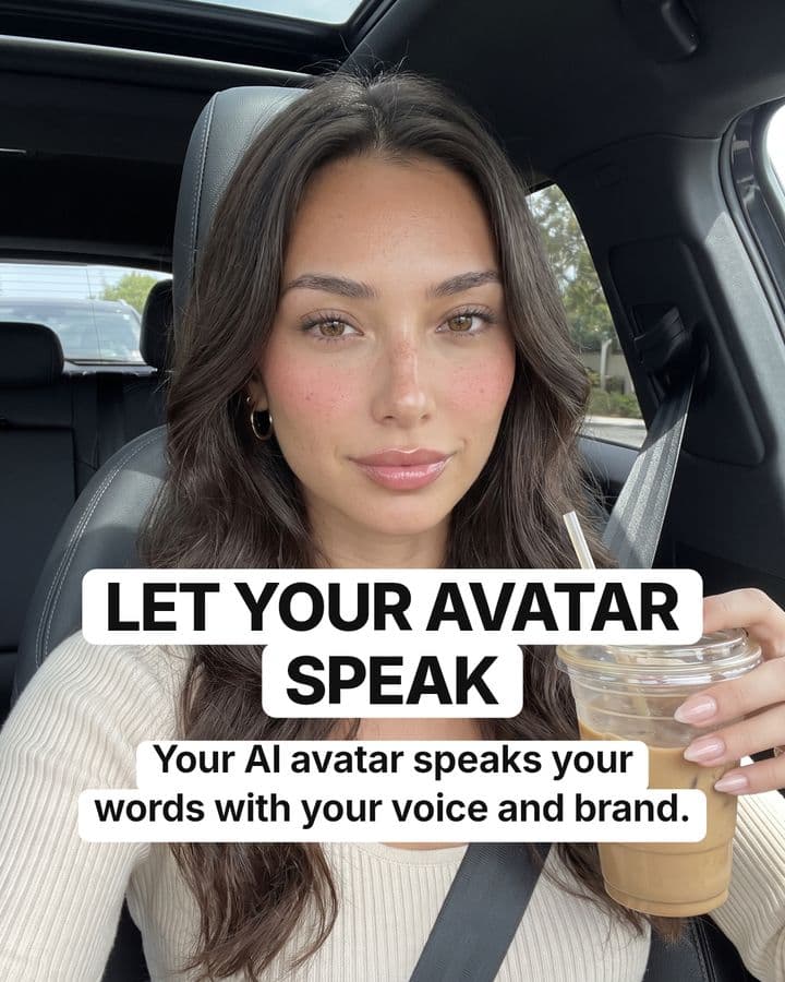 Slide made in the app: “Let your avatar speak”, over a photo of Lanie, an AI avatar, holding an iced coffee.