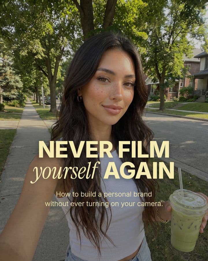 Carousel cover: Lanie, an AI avatar, on a tree-lined street, with the title “Never film yourself again”.