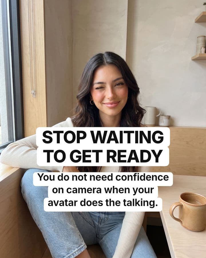 Carousel slide made in the app: Lanie, an AI avatar, smiling at a café table, with the title “Stop waiting to get ready”.