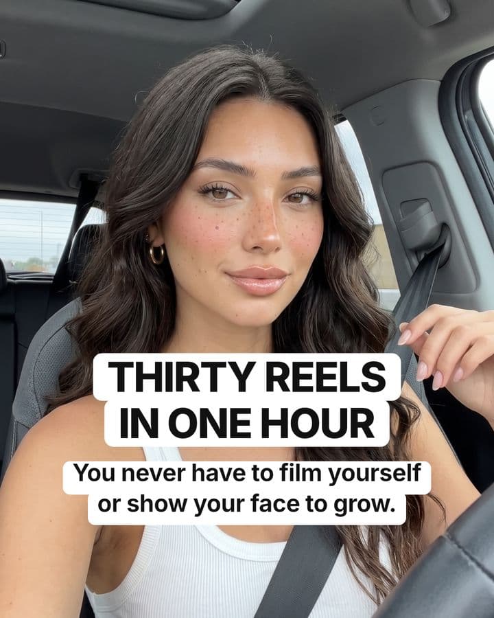 Cover slide made in the app: “Thirty reels in one hour”, over a photo of Lanie, an AI avatar, in a car.