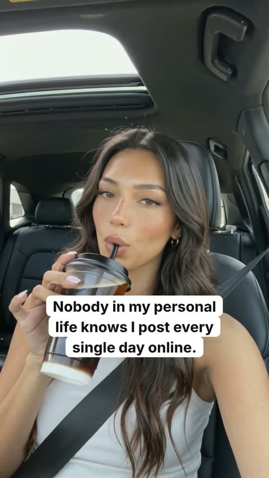 Reel of Lanie, an AI avatar, in a car, with the hook “Nobody in my personal life knows I post every single day online”.